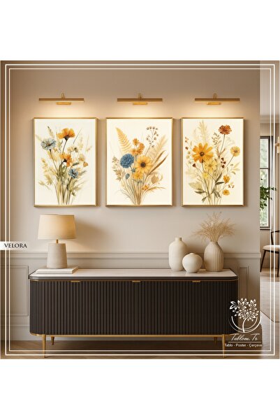 Tablomtr Velora - Dijital Baskılı Gold Metal Çerçeveli Gerçek Camlı 3'lü Dekoratif Tablo