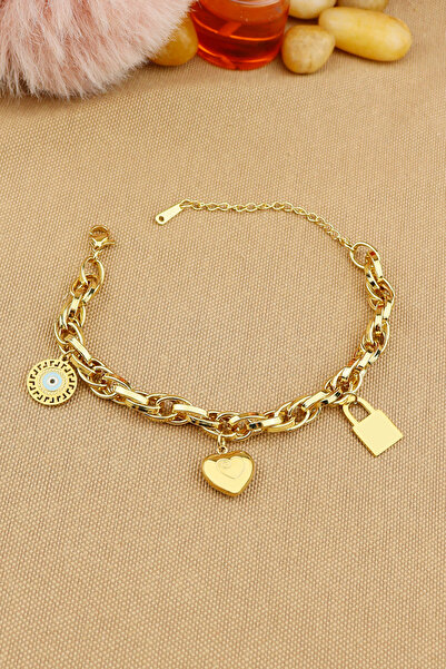 Keyifli Hayaller Çelik Bileklik-İç İçe Halka Model Kalp Kilit Nazar Boncuklu Kararmaz 316L Çelik Bileklik 17+5cm