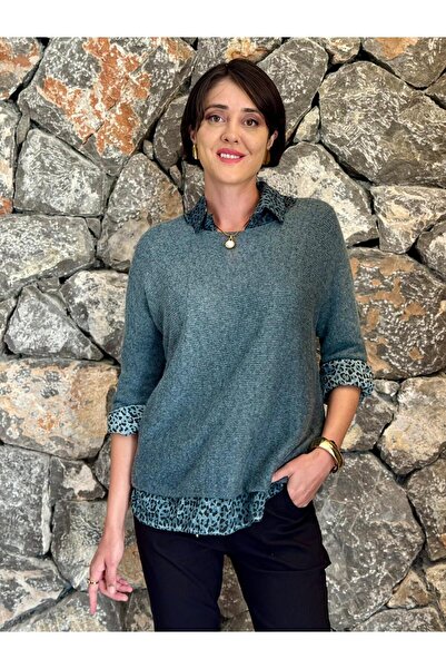 Punta Otantik Nc 516029   Italian Leopard Print Scarf Men's Lapel Sweater Petrol