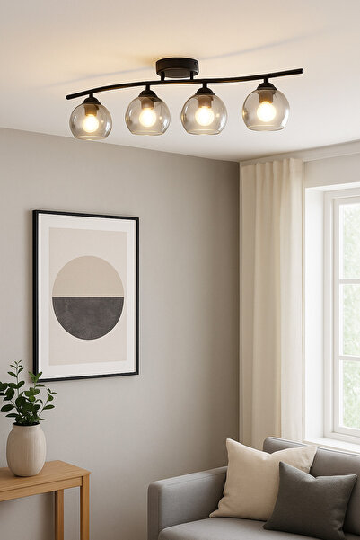 Modavize Maça Modern Tasarım - Salon Yatak Odası Mutfak Yemek Masası Siyah Renk Füme Camlı 4 lü Avize