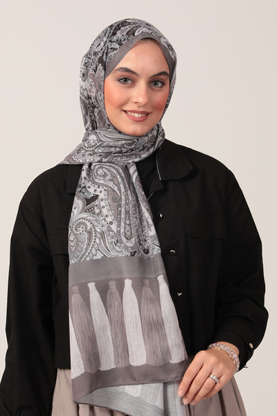 ipekistanbul Şal din mătase de bumbac - Model cu ciucuri Etro - Mink