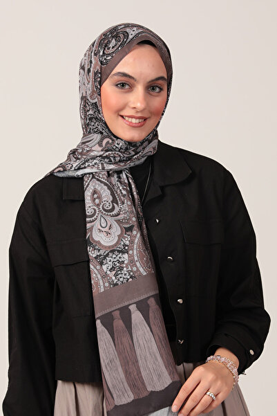 ipekistanbul Şal din mătase de bumbac - Model cu ciucuri Etro - Vizon închis