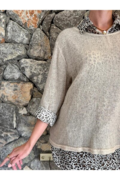 Punta Otantik NC516020 Κρέμα πουλόβερ με ανδρικό γιακά με ιταλικό σχέδιο λεοπάρ