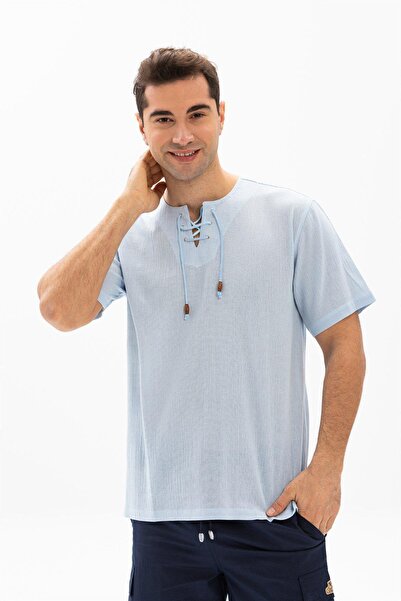 Eliş Şile Bezi Ανδρικό κοντομάνικο μπλουζάκι Sile υφασμάτινο καρφιτσωμένο, μπλε 3027