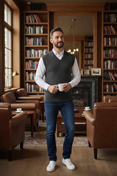 Kamalı Men's Gray V-Neck Knitwear Sweater - Hair Knit Patterned, Non-Pilling Regular Fit