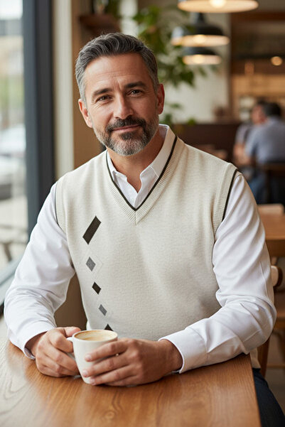 Kamalı Cream Men's Steel Knit Winter Thick Knitwear V-Neck Knitwear Knit Non-Pilling Jumpers