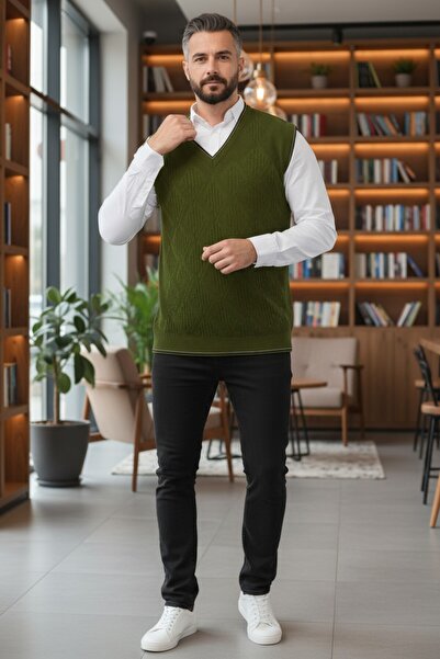 Kamalı Khaki Men's Sweater - V-Neck, Hair Knit Pattern, Knitwear Knit, Non-Pilling Regular Fit
