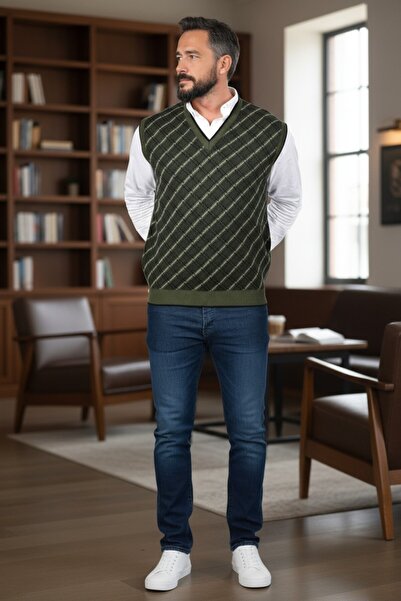 Kamalı Ανδρικό πουλόβερ χακί - Ατσάλινο πλεκτό καρό σχέδιο, χοντρό πλεκτό, λαιμόκοψη V, κανονική εφαρμογή χωρίς κόλλημα