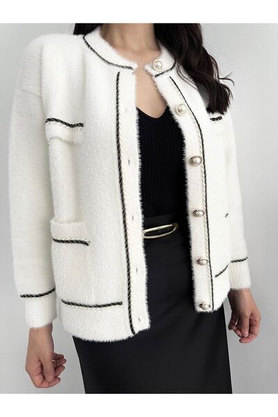 NATUFIAN STORE Екрю Бебе Яка Інчі Дюгмелі Чіфт Джепкі Жіночий Трикотажний Кардиган