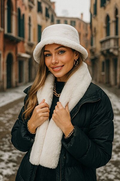 MARBERRY Ecru Soft Textured Plush Neck Collar & Hat Set of 2