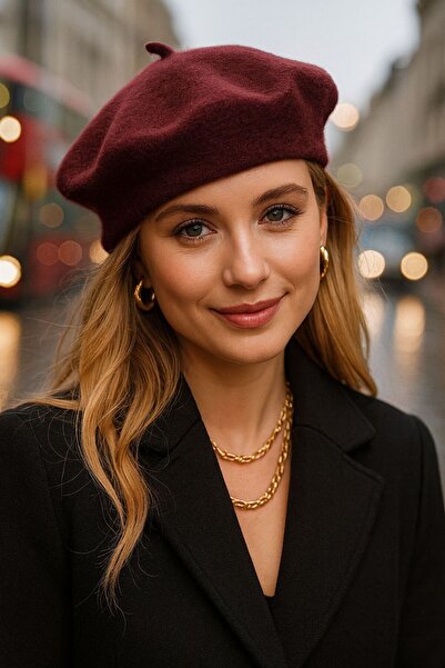 MARBERRY Bordo Yünlü Ressam Kadın Bere