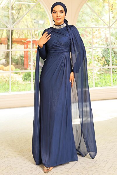 Olcay Yoryo Silk Hijab Evening Dress with Stone-Covered Cape Detail K. Indigo 1247