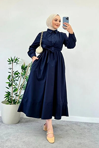 Tesettür Diyarı Rochie de damă cu guler cămașă și detaliu de legare - bleumarin