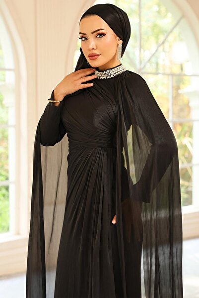 Olcay Yoryo Silk Hijab Evening Dress with Stone Collar and Cape Detail Black 1247