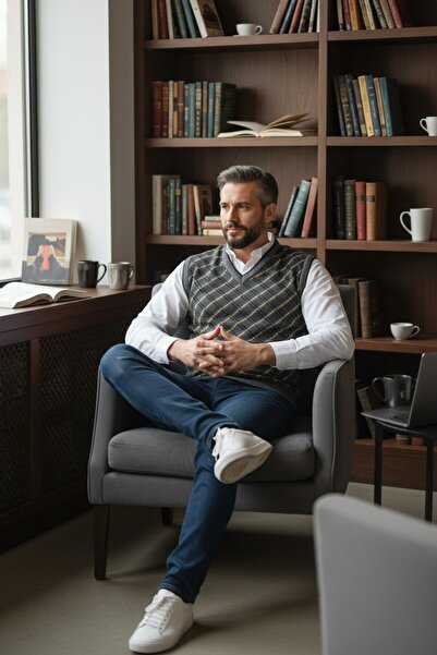 Kamalı Men's Gray Plaid Patterned Thick V-Neck Knitwear Sweater - Non-Pilling Regular Fit