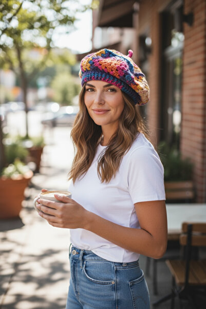 Satürn Hobi Örgü Motifli Tasarım Ressam Beresi Şapkası