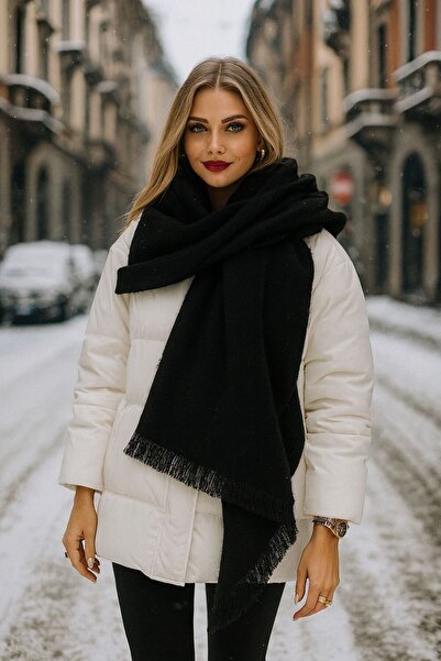 MARBERRY Eșarfă neagră cu umăr gros, cu ciucuri