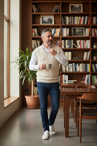 Kamalı Men's V-Neck Knitwear Sweater - Non-Pilling, Hair Knitted Linyis Pattern, Regular Fit