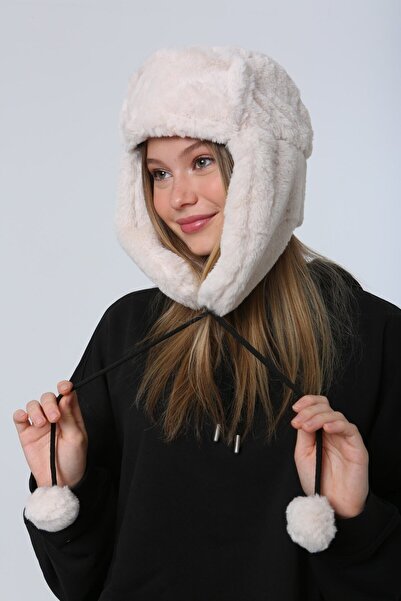 MARBERRY Beige Women's Hat - with Faux Fur and Headphones
