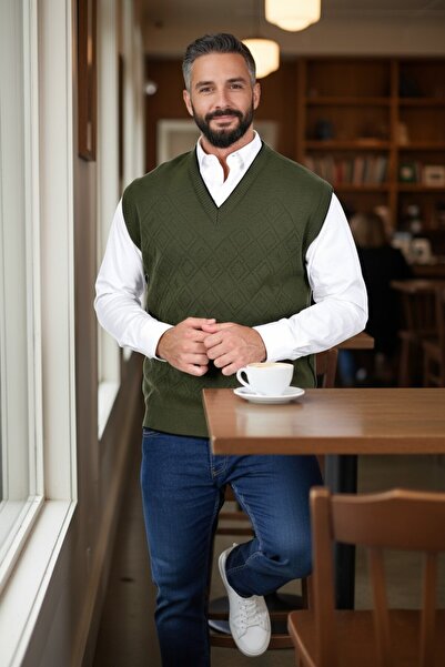 Kamalı Khaki Men's V-Neck Thick Knitwear - Steel Knitted Intersiye Winter Sweater