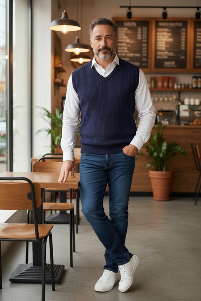 Kamalı Lacivert Erkek V Yaka Triko Örgü Tüylenmez Süveter Regular Fit Saç Örgü Desenli