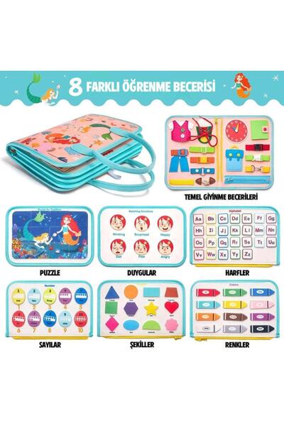 robokids Montessori Keçe Eğitim Çantası Pembe Prenses | Busy Board 8 Etkinlikli Motor Gelişim Oyuncağı