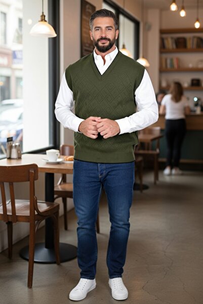 Kamalı Khaki Men's V-Neck Thick Knitwear - Steel Knitted Intersiye Winter Sweater