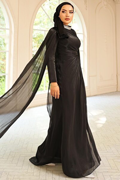 Olcay Yoryo Silk Hijab Evening Dress with Stone Collar and Cape Detail Black 1247