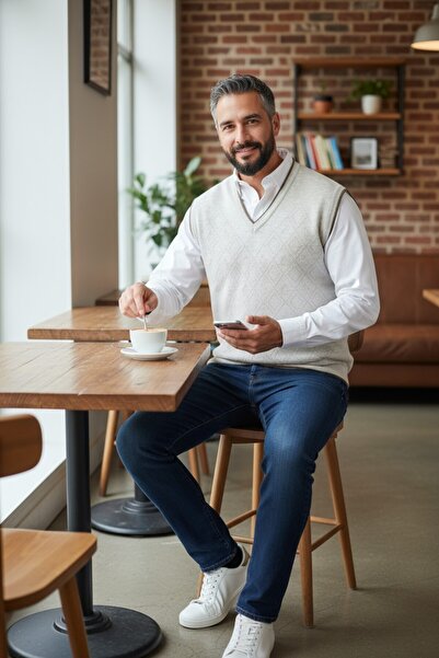 Kamalı Krem Erkek Çelik Örgü Intersiye Kışlık Kalın Triko V Yaka Triko Örgü Tüylenmez Süveter