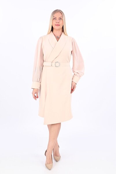 etselements Μπεζ γυναικείο βραδινό φόρεμα - Διπλό πέτο και λεπτομέρεια ζώνης, Ets6222