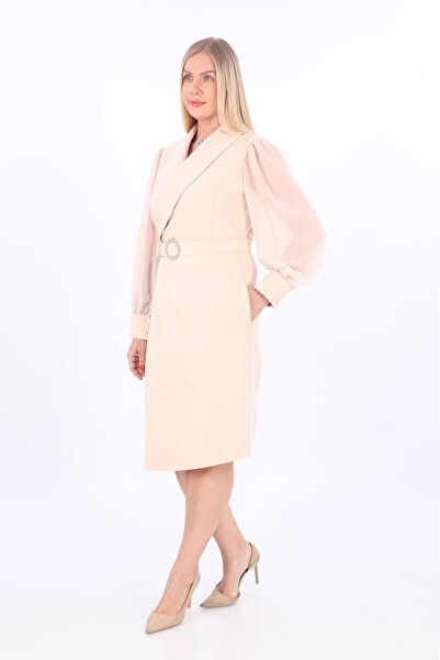 etselements Rochie de seară de damă bej - cu guler dublu și detaliu curea, Ets6222