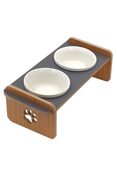 Genel Markalar Ahşap Seramik Kedi Köpek Mama Ve Su Kabı – Uzay Grisi (ANTRASİT)