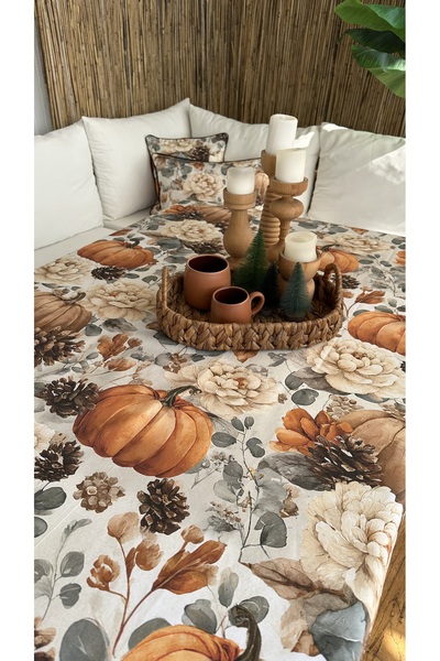 Decamor home Stain-Resistant Liquid-Proof Pumpkin Patterned Ecru Tablecloth