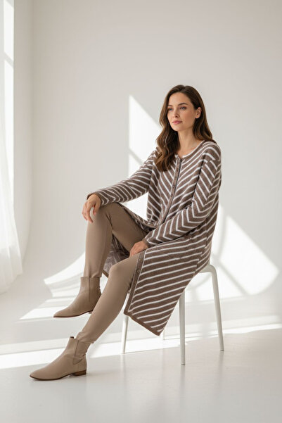 ENDAMIM Striped 3 Button Long Plus Size Knit Cardigan