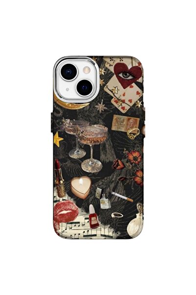 Turkuaz Iphone 13 Özel Siyah Kolaj Baskılı Lüks Silikon Kılıf