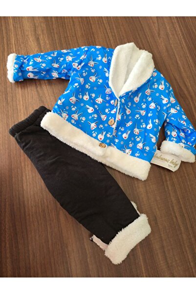 Jasminya Bebek Şal Yaka İçi Welsoft Montlu Tavşan Desen Mavi Renk Erkek Takım