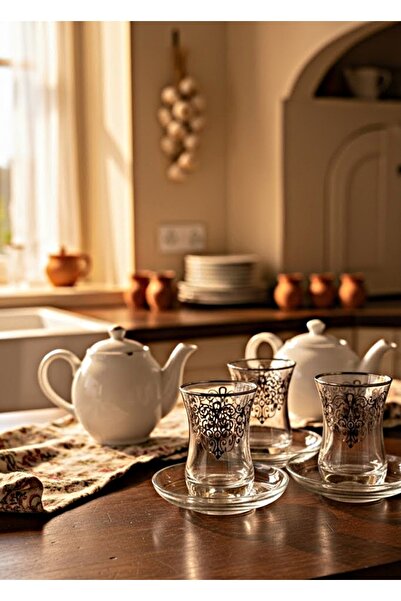 Paşabahçe طقم شاي ديكوستايل مكون من 12 قطعة لـ 6 أشخاص - طقم شاي زجاجي أنيق منقوش بقاعدة سميكة