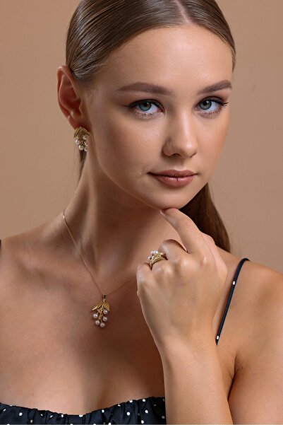 Birinci 14 Ayar Altın 4 mm Zeytin Dalı Doğal İncili Küpe Kolye Yüzük Üçlü Set