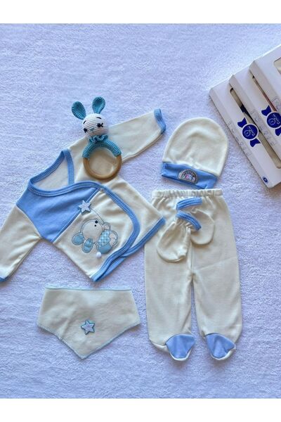 MBK GARDEN Tavşanlı Yeni Doğan Bebek 5li Hastane Çıkış Seti (KUTULU)