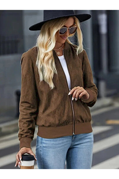 babatr.com سترة نسائية طويلة الأكمام من الجلد السويدي بسحاب أمامي