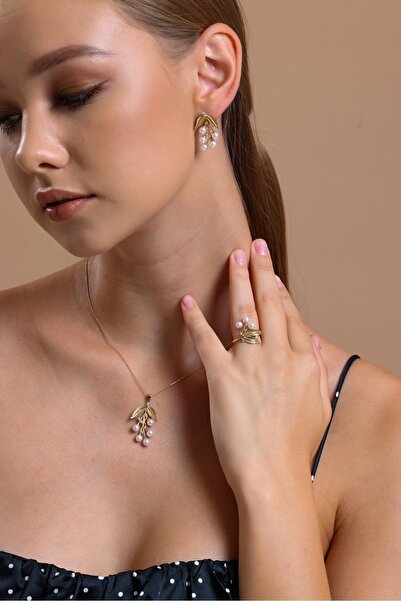 Birinci 14 Ayar Altın 4 mm Zeytin Dalı Doğal İncili Küpe Kolye Yüzük Üçlü Set