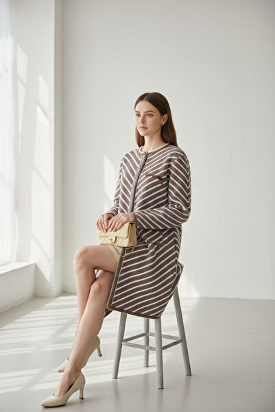 ENDAMIM Striped 3 Button Long Plus Size Knit Cardigan