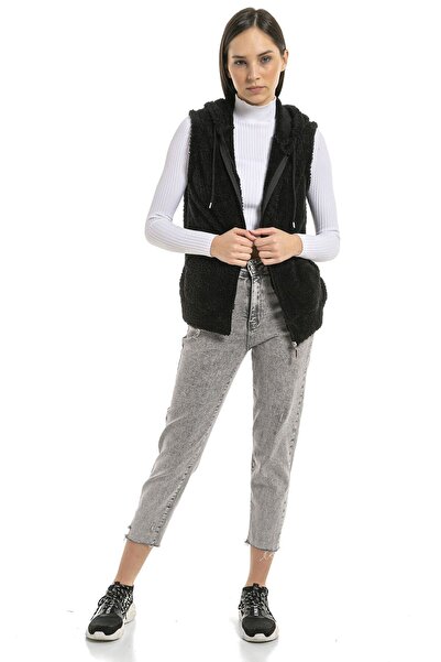 EtkiModa Жіночий чорний безрукавний плюшевий жилет з капюшоном