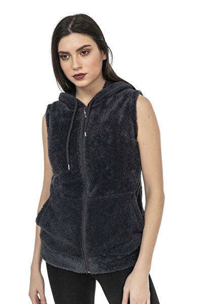 EtkiModa Жіночий антрацитовий безрукавний плюшевий жилет з капюшоном