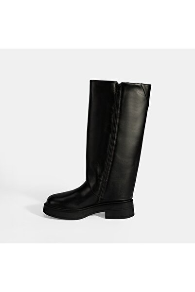 Desa Women's Black Leather Boots with Fold Detail