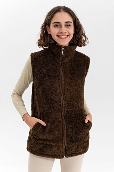 EtkiModa Vestă de pluș cu fermoar cu guler maro pentru femei