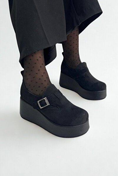 inizio Black Suede Buckle Wedge Heel Women's Shoes V8410