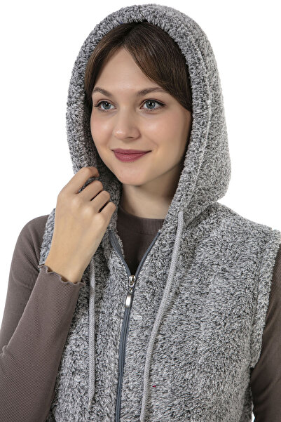 EtkiModa Жіночий сірий безрукавний плюшевий жилет з капюшоном