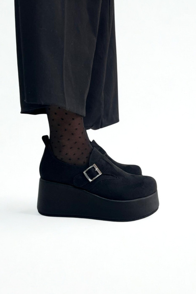 inizio Black Suede Buckle Wedge Heel Women's Shoes V8410