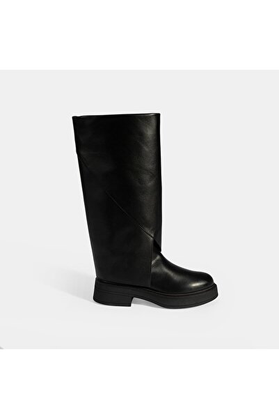 Desa Women's Black Leather Boots with Fold Detail
